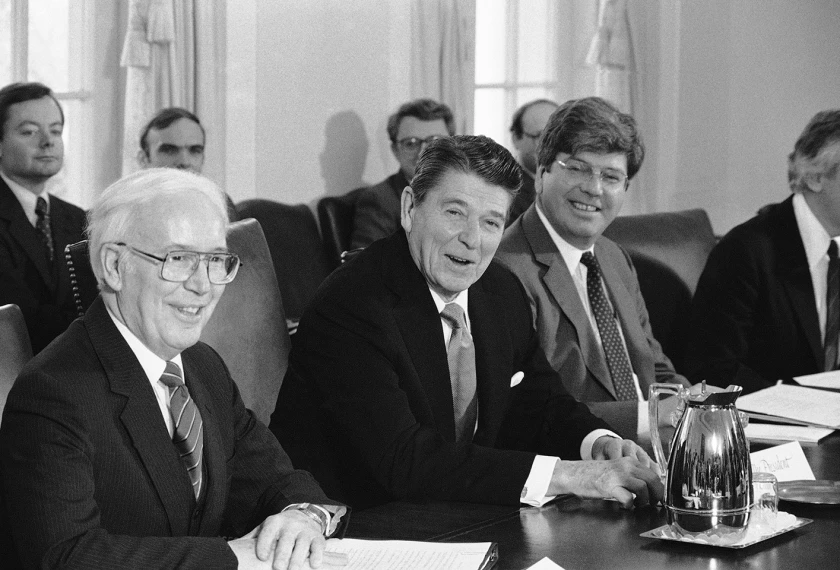 President Ronald Reagan and U.S. Secretary of Education Terrel H. Bell left during a meeting in the Cabinet Room Feb. 23 1984 where they discussed school discipline